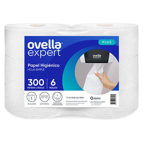 Papel higiénico jumbo Ovella una hoja pack 6x300 m