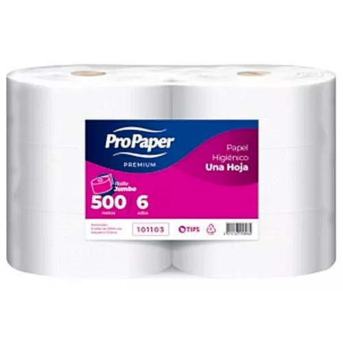 Papel higiénico jumbo ProPaper una hoja pack 6x500 m