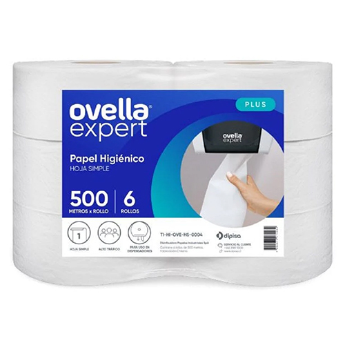 Papel higiénico jumbo Ovella una hoja pack 6x500 m