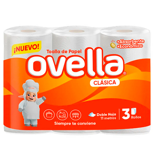 Toalla de papel doble hoja Ovella pack 3x11 m