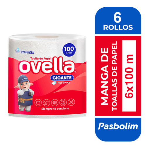 [PAPTOADH015] Toalla de papel una hoja Ovella gigante manga 6 pack 100 m 